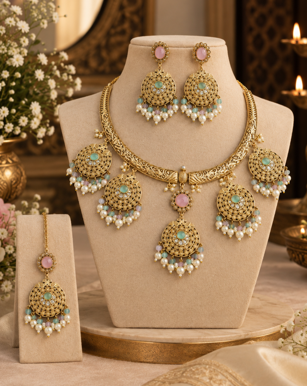 Floral Medallion Necklace Set with Tikka
