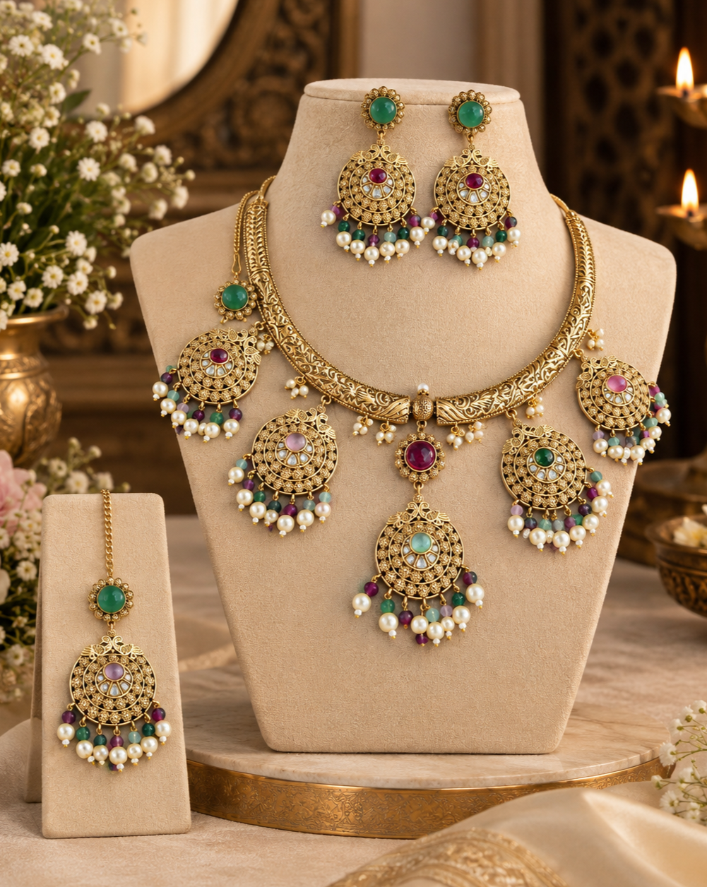 Floral Medallion Necklace Set with Tikka