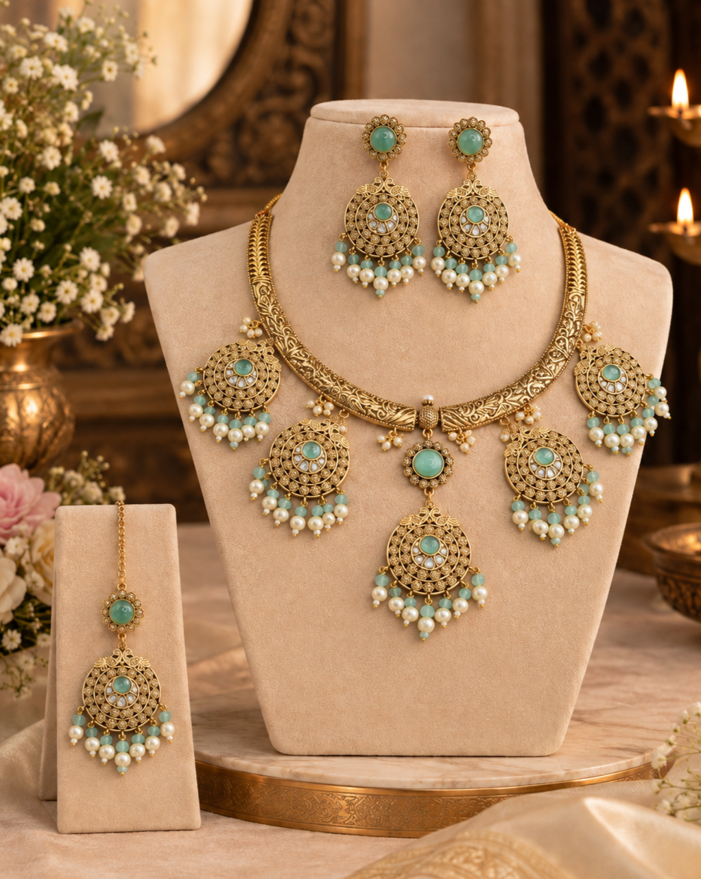 Floral Medallion Necklace Set with Tikka