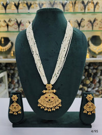 Copper Necklace Set – Multi-Strand Pearl Beads with Statement Pendant & Matching Earrings