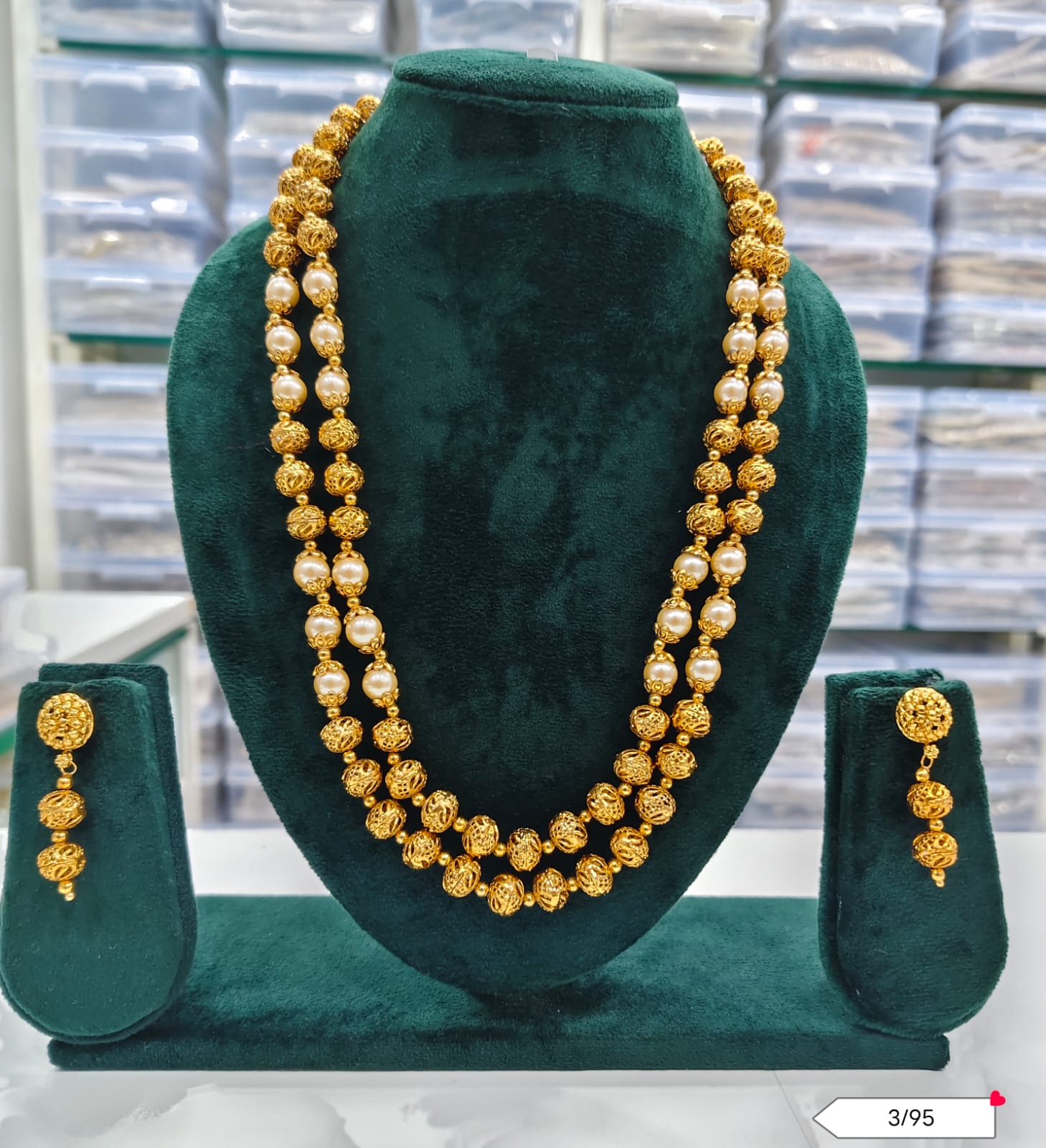 Elegant Golden Pearl and Filigree Copper Necklace Set with Matching Earrings