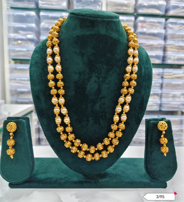 Elegant Golden Pearl and Filigree Copper Necklace Set with Matching Earrings