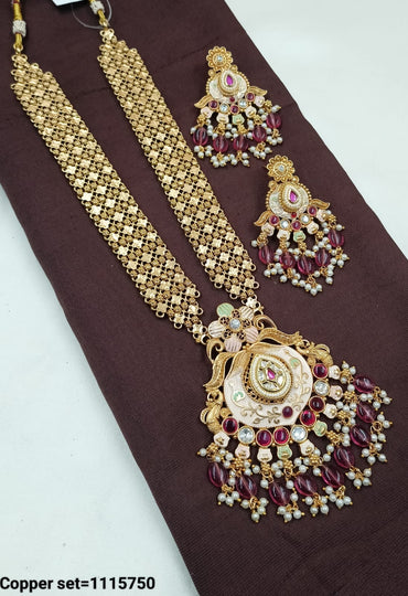 Heritage-Inspired Long Necklace Set with Dual-Strand Chain and Matching Earrings