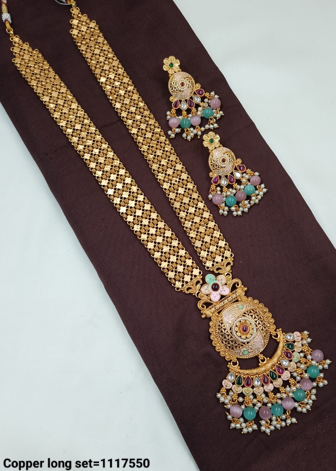 Traditional Long Necklace Set with Ornamental Pendant and Jhumka Earrings – LucentEmarket
