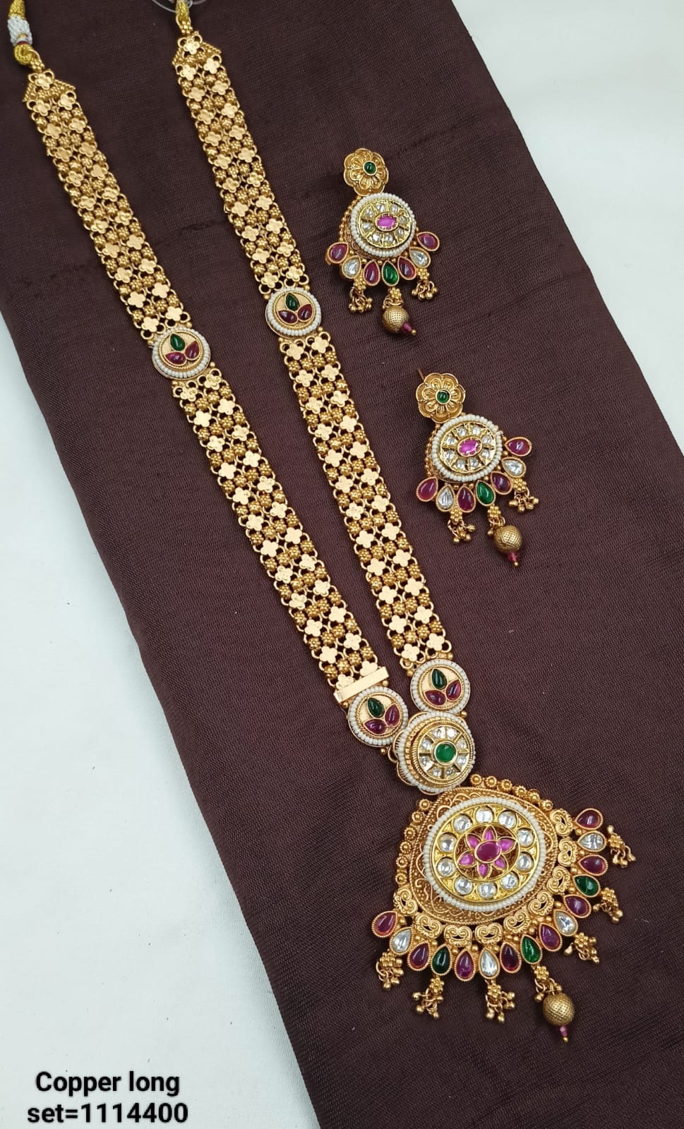 Bridal Temple Long Necklace Set with Kundan & Bead Detailing – Traditional Copper Finish