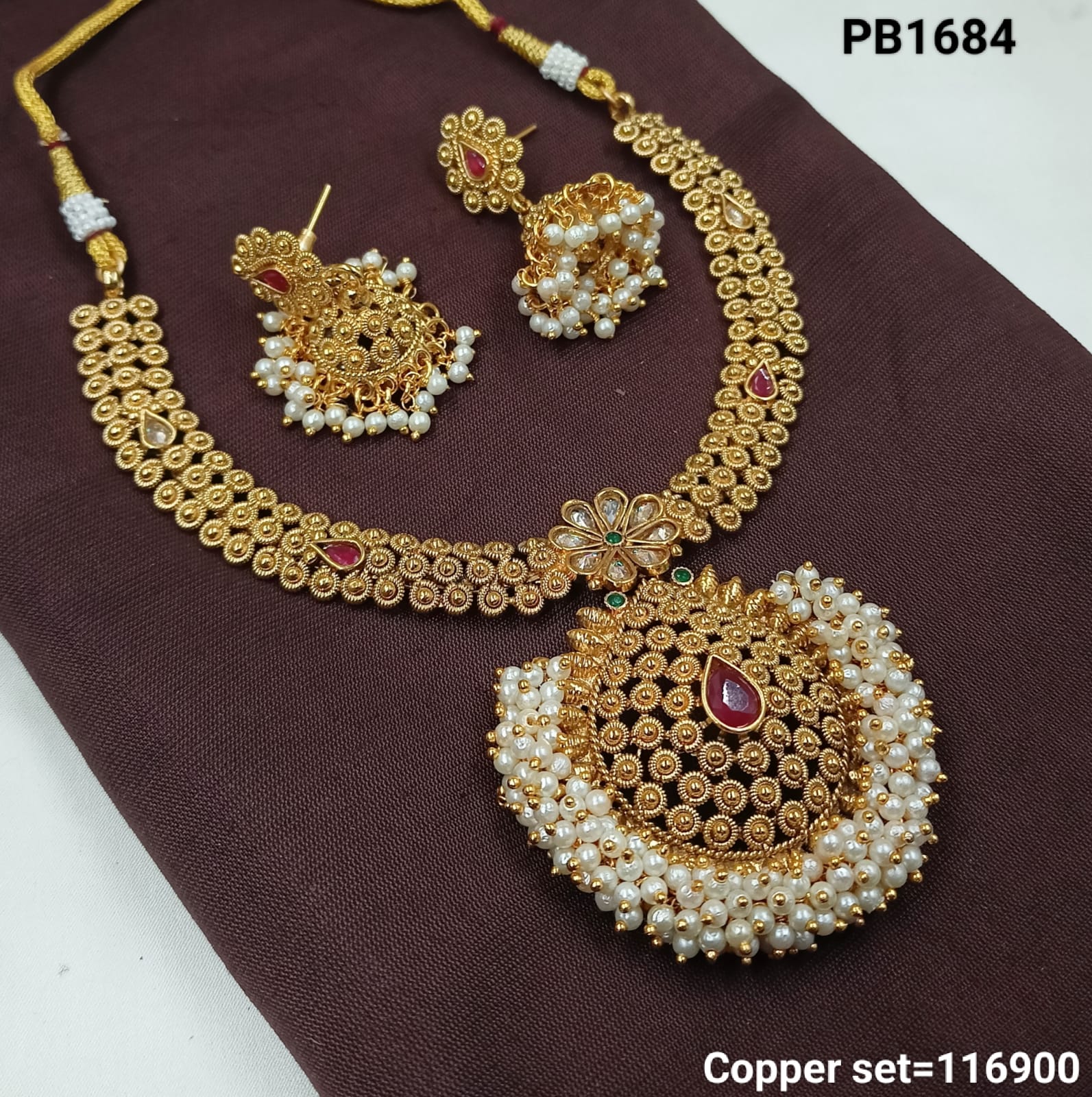 Royal Temple-Style Copper Necklace Set with Pearl Embellishments