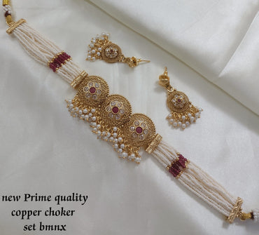 Traditional Copper Choker Necklace Set with Pearl Detailing