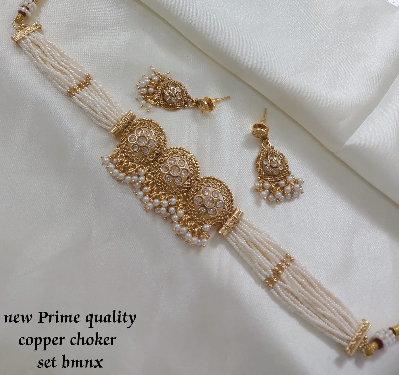 Traditional Copper Choker Necklace Set with Pearl Detailing