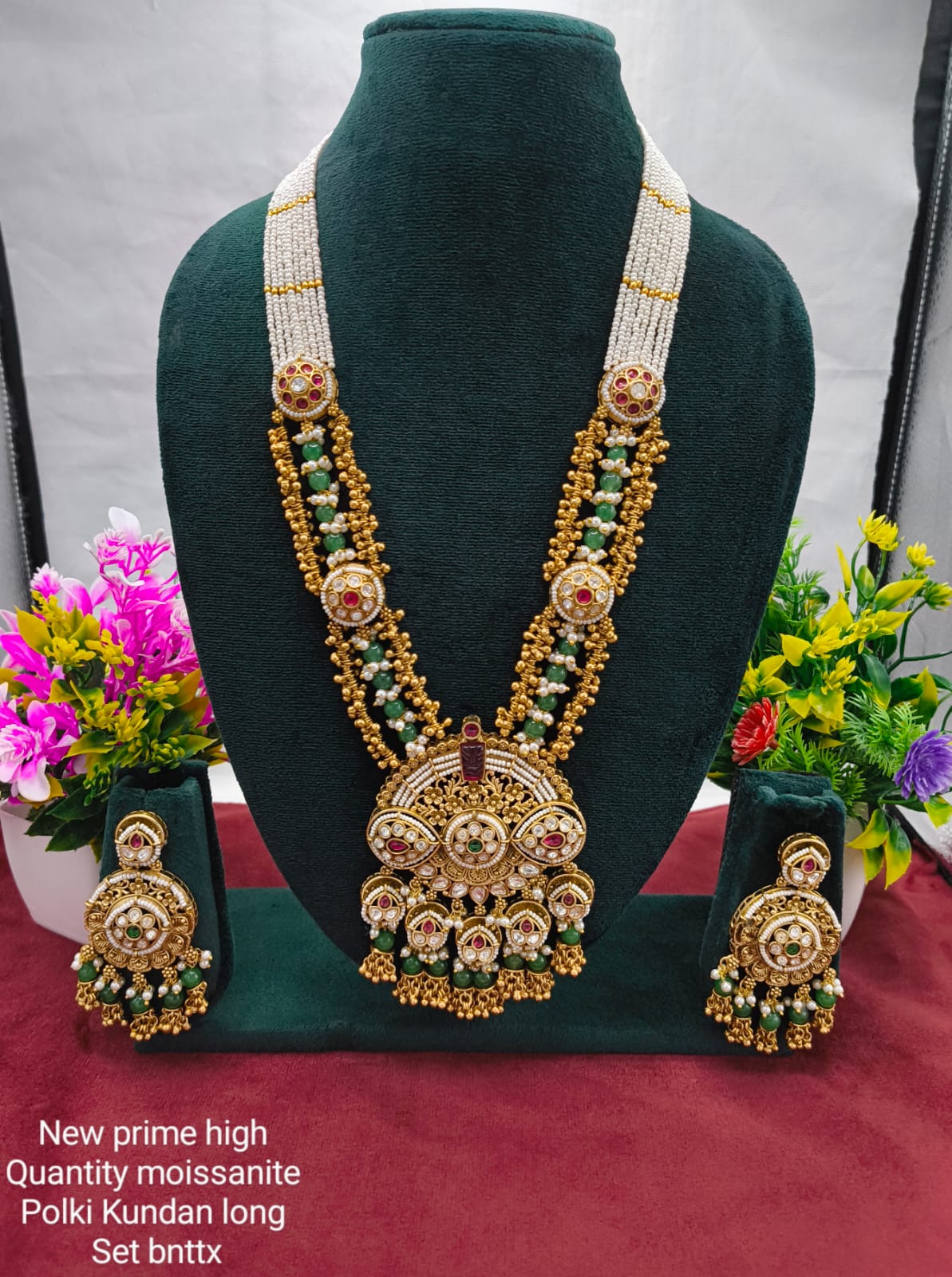 Moissanite Polki Kundan Long Necklace Set – High-Quality Temple Jewelry with Earrings