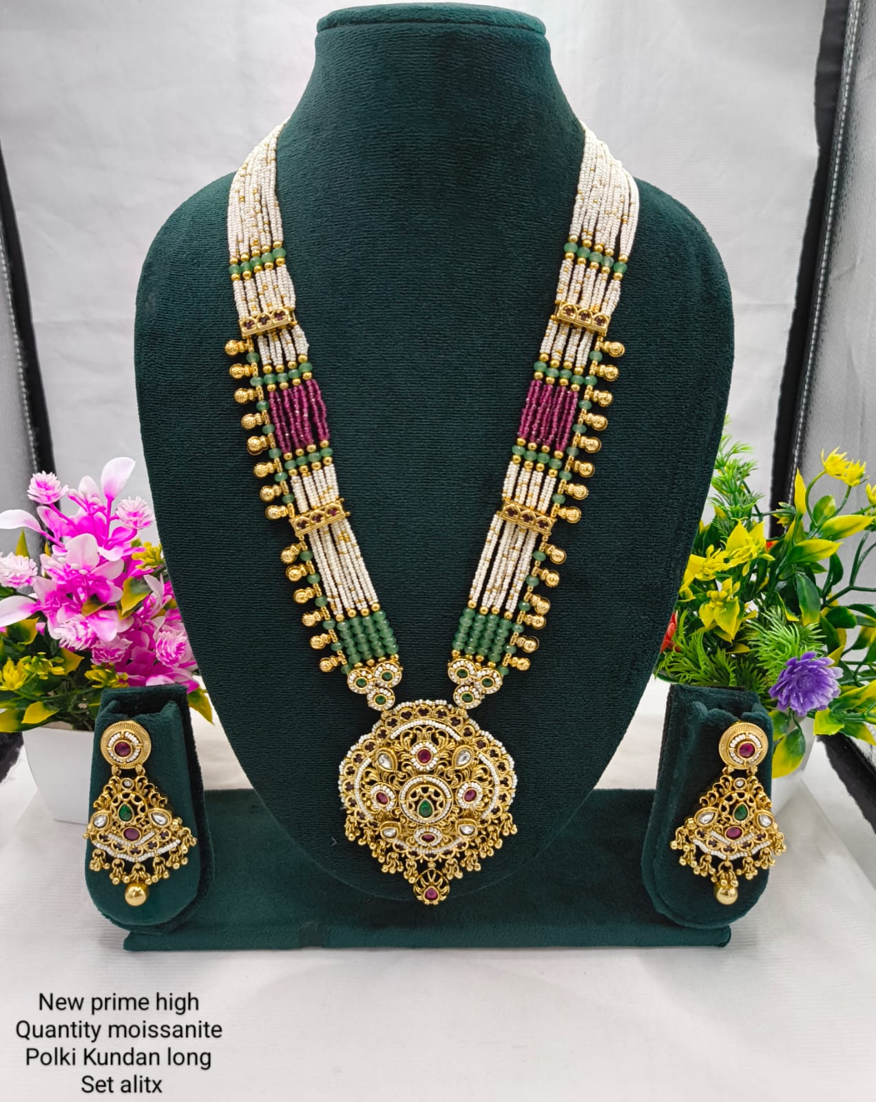 Copper Moissanite Polki Kundan Long Necklace Set – Antique Temple Design with Earrings