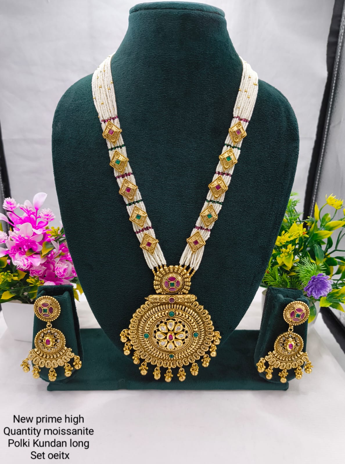 Statement Ethnic Long Necklace Set – Copper Moissanite with Antique Kundan Work
