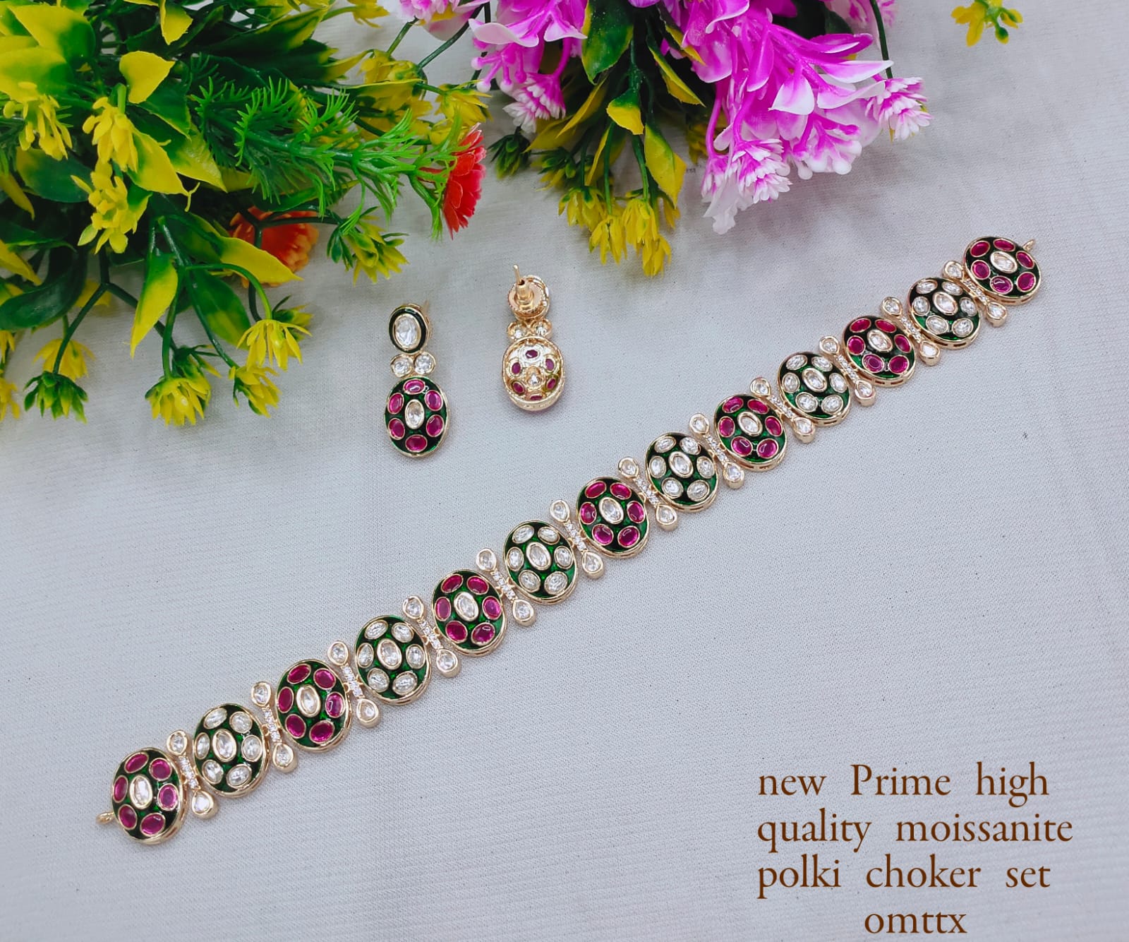 Premium Moissanite Polki Choker & Earring Set – Handcrafted Copper Base Jewelry