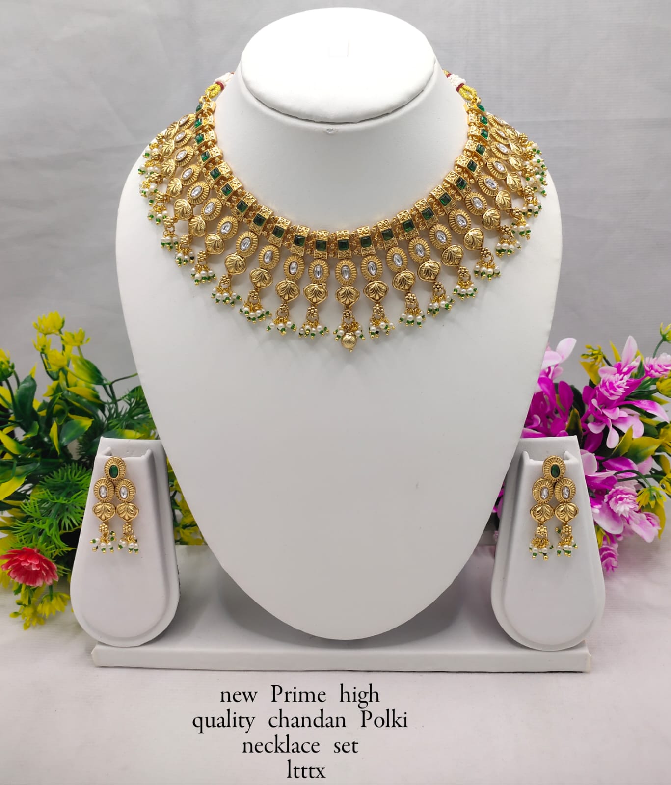 Premium Chandan Polki Necklace Set with Earrings – Traditional Ethnic Jewelry