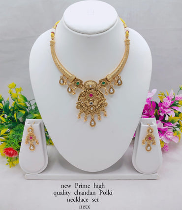 Chandan Polki Necklace Set with Earrings – Premium Traditional Jewelry