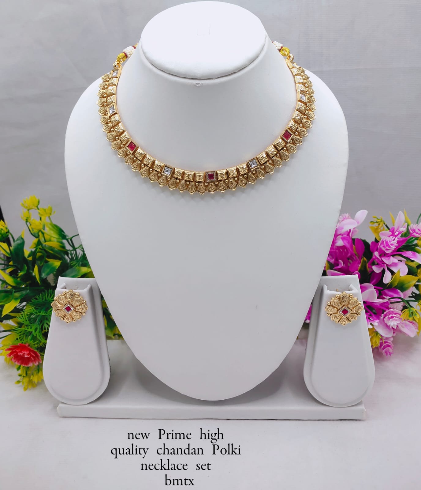 Premium Copper Chandan Polki Necklace Set with Stud Earrings – Traditional Ethnic Jewelry