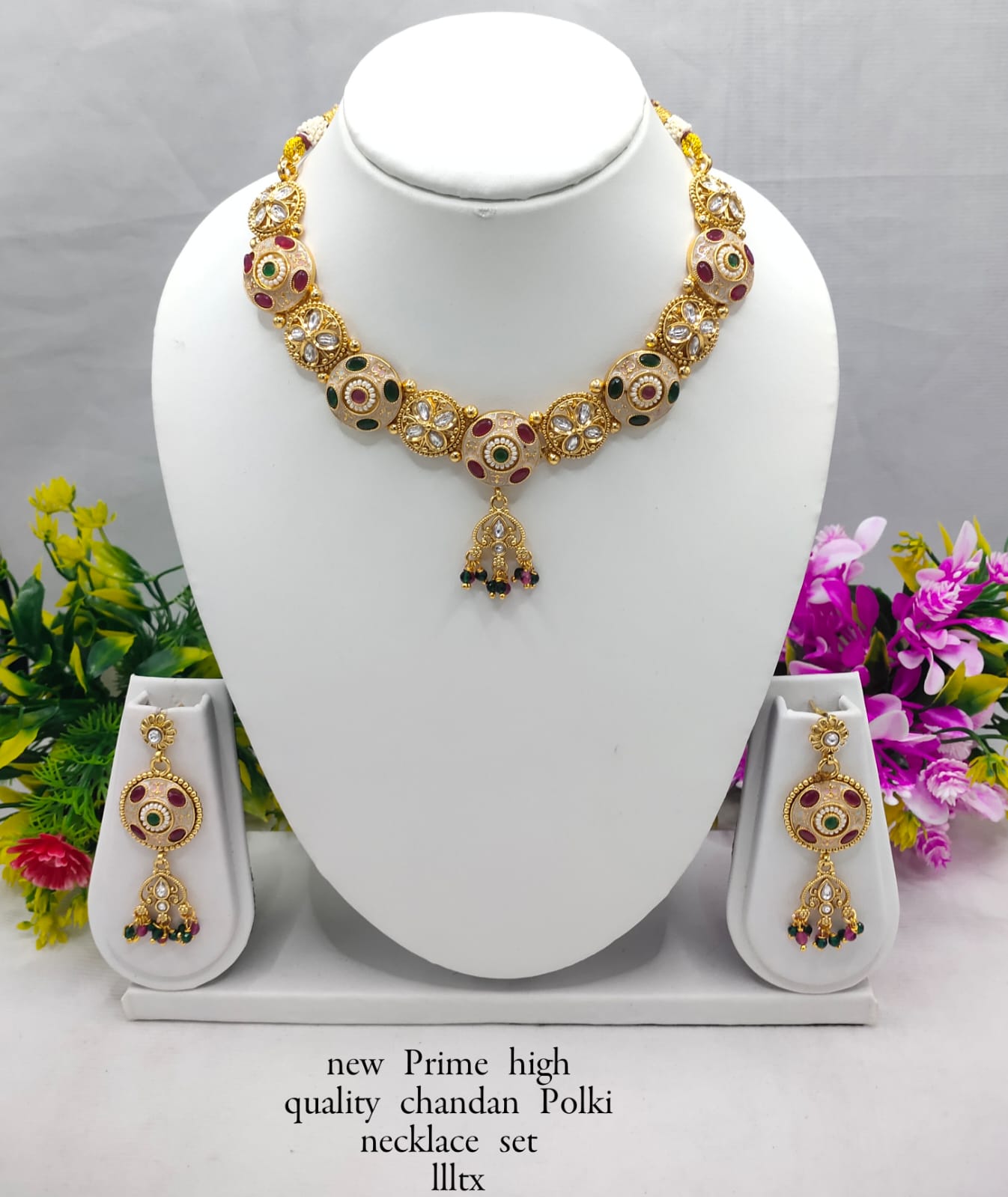 Traditional Chandan Polki Necklace Set with Jhumka Earrings – Premium Copper Finish
