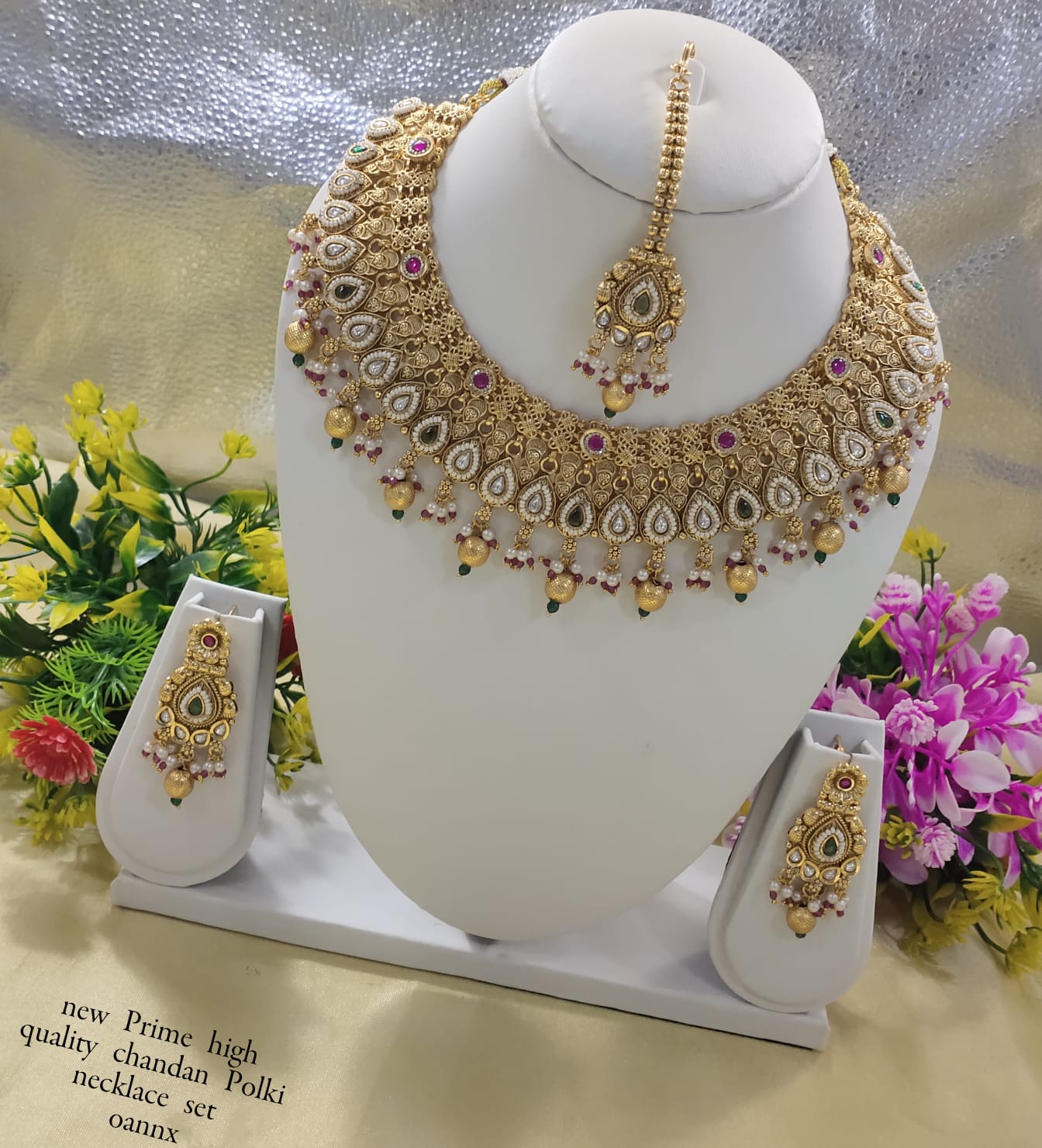 Traditional Copper Chandan Polki Necklace Set with Maang Tikka – Bridal Jewelry Set
