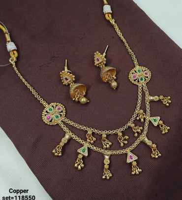 Traditional Gold-Plated Copper Necklace Set with Jhumka Earrings