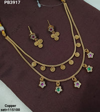 Traditional Gold-Plated Copper Necklace Set with Floral Dangling Charms and Earrings