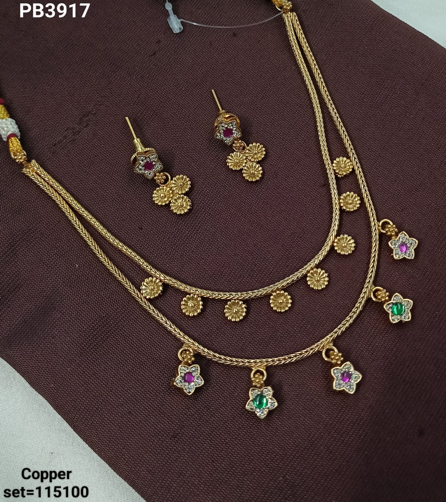 Traditional Gold-Plated Copper Necklace Set with Floral Dangling Charms and Earrings