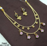Traditional Gold-Plated Copper Necklace Set with Floral Dangling Charms and Earrings