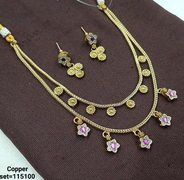 Traditional Gold-Plated Copper Necklace Set with Floral Dangling Charms and Earrings