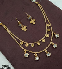 Traditional Gold-Plated Copper Necklace Set with Floral Dangling Charms and Earrings