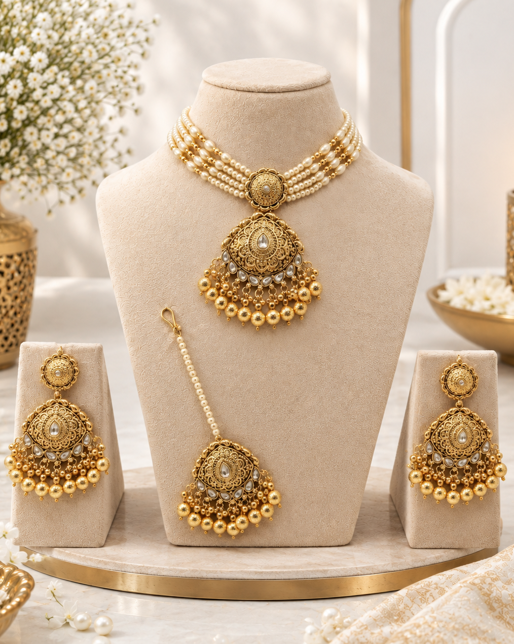 Multi-Strand Pearl Choker Set with Tikka