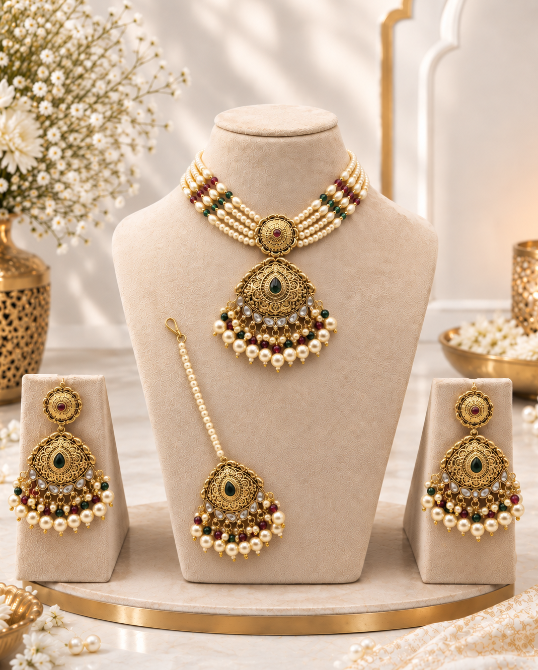 Multi-Strand Pearl Choker Set with Tikka
