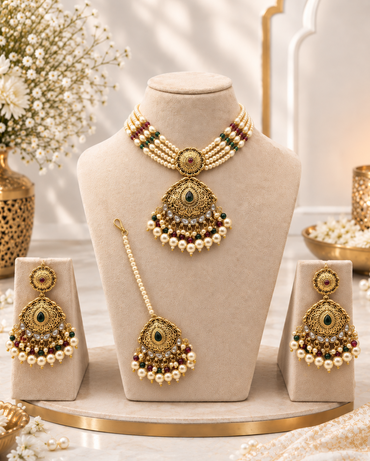 Multi-Strand Pearl Choker Set with Tikka