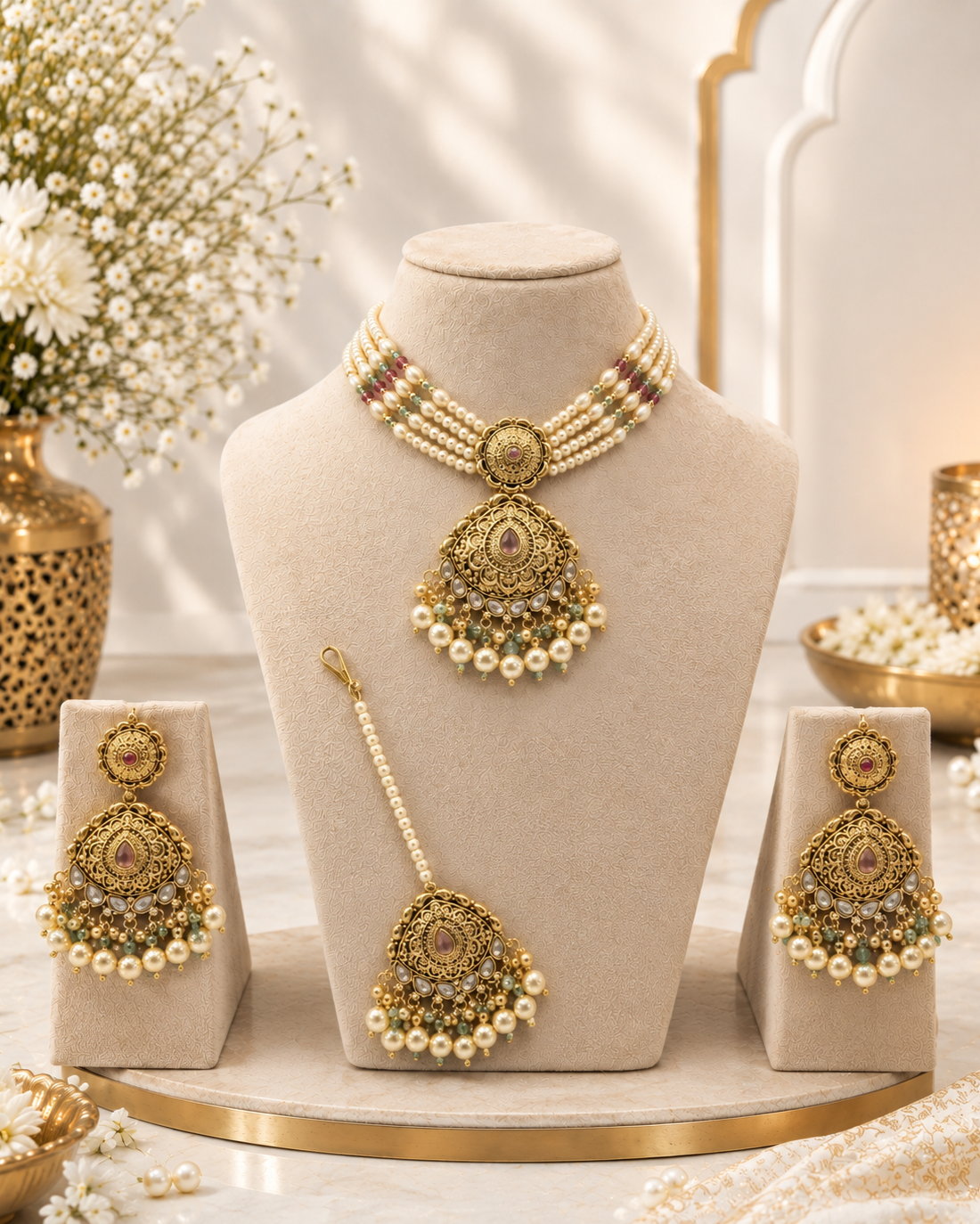 Multi-Strand Pearl Choker Set with Tikka
