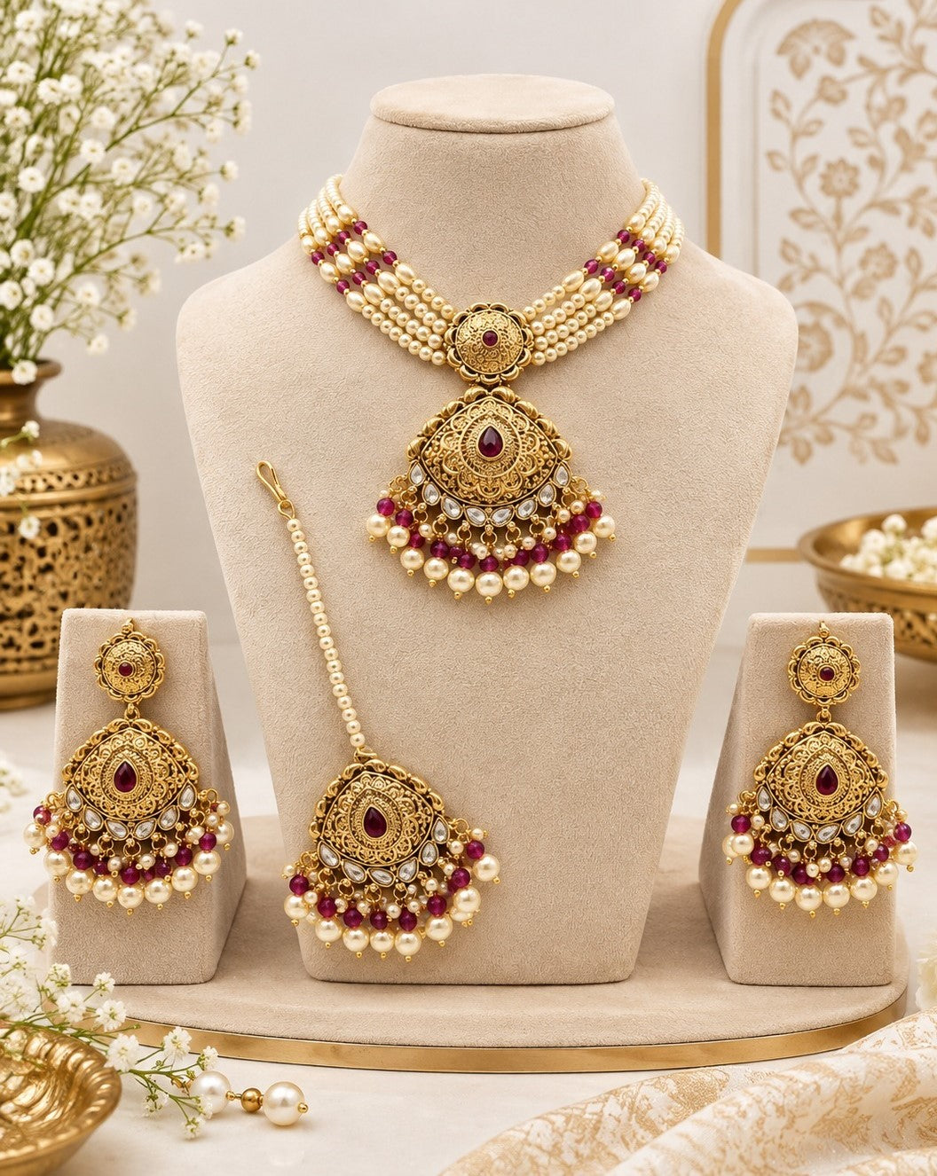 Multi-Strand Pearl Choker Set with Tikka