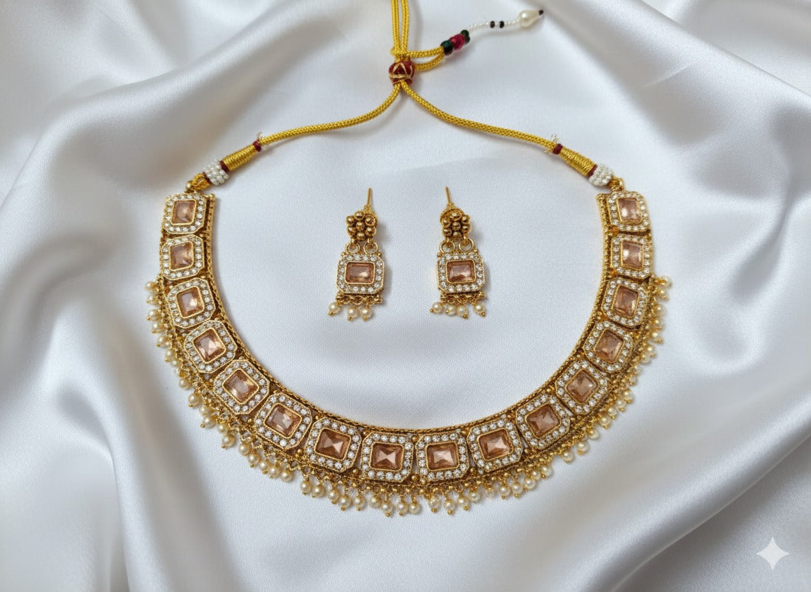 The Golden Glow LCD Square Stone Necklace with Earrings