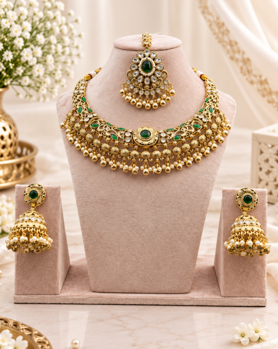 Royal Carved Collar Necklace & Jhumka Set