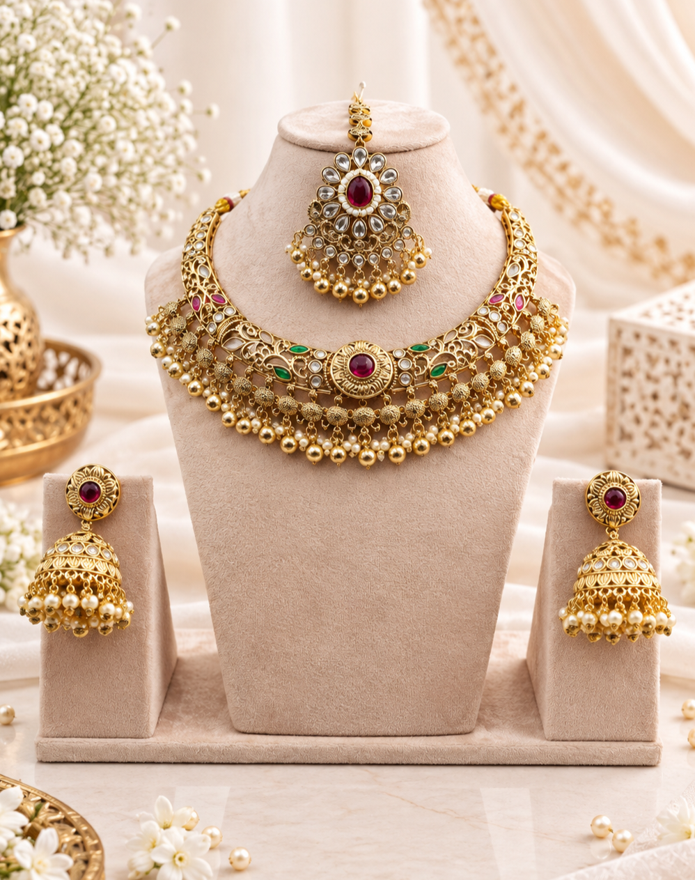 Royal Carved Collar Necklace & Jhumka Set