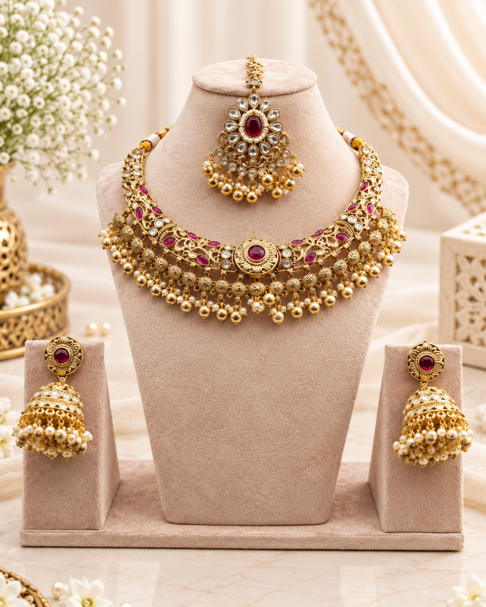Royal Carved Collar Necklace & Jhumka Set