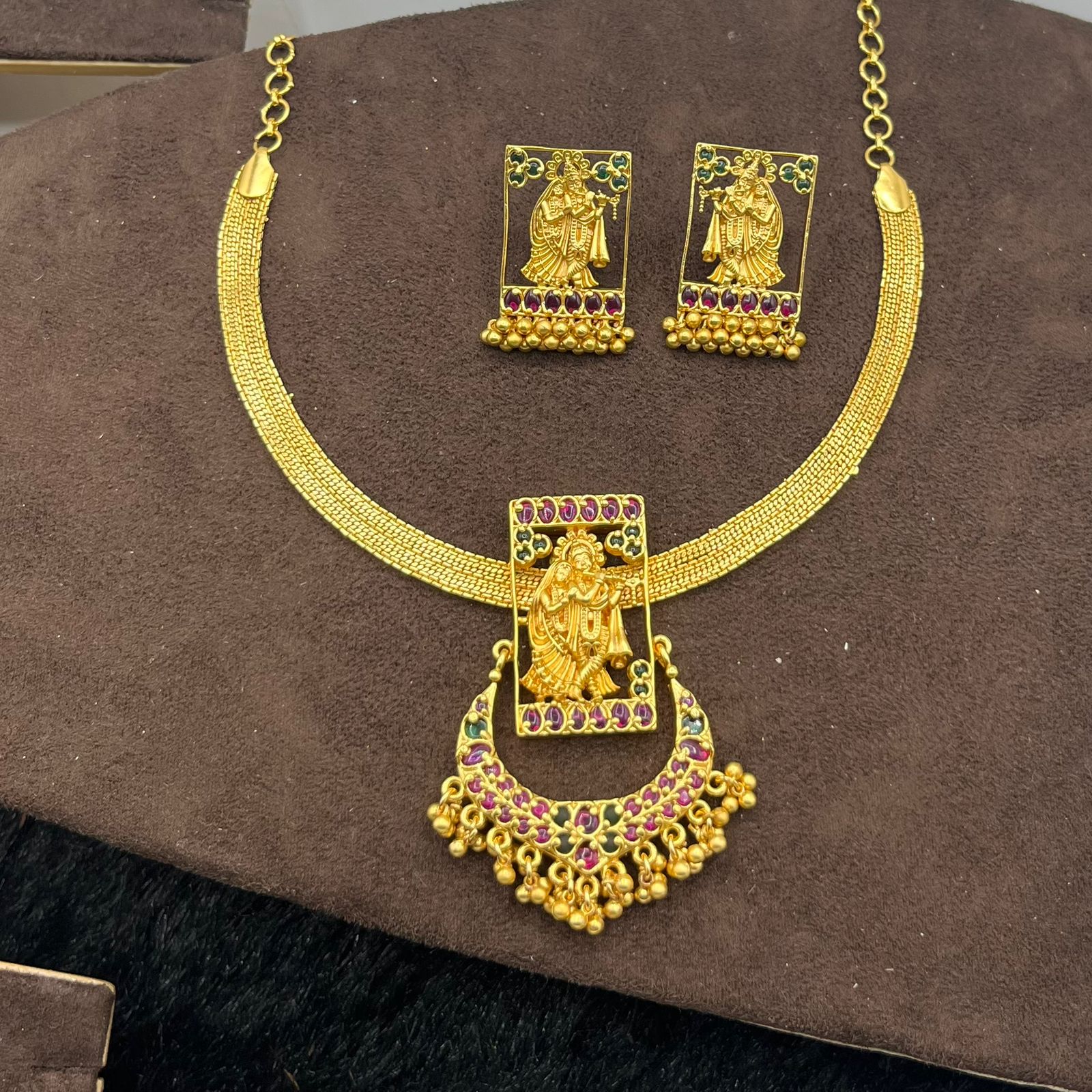 Handcrafted Radha Krishna Choker Set in Matte Finish Copper