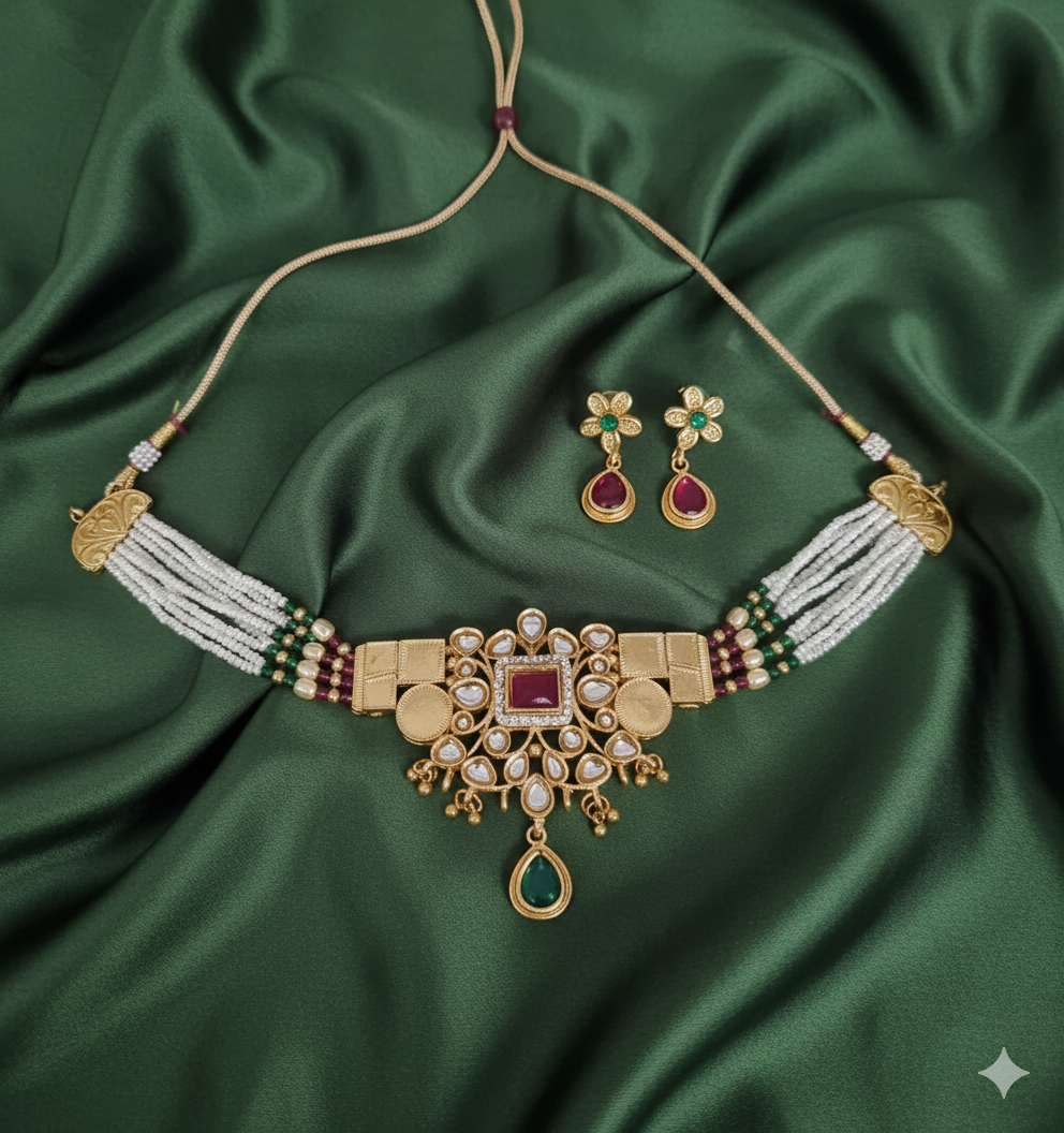 Gold-Plated copper Choker Jewellery Set Pearl Necklace and Earrings For Woman