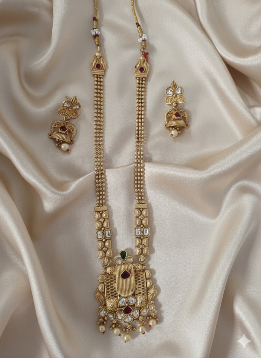 Antique Gold-Plated Long Jewellery Necklace Set and Jhumka Earrings