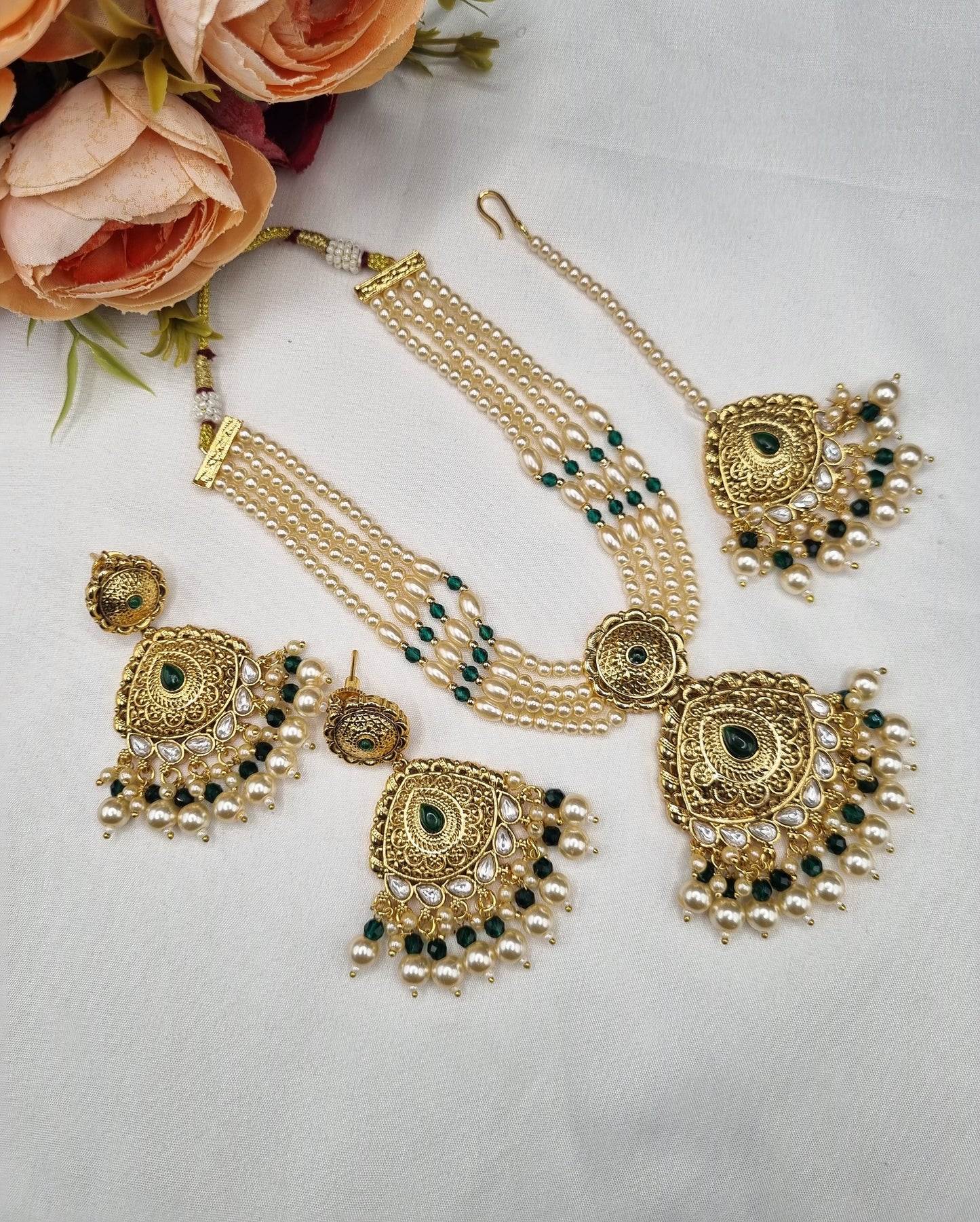 Antique Multi-Strand Pearl Necklace Set with Maangtikka & Earrings
