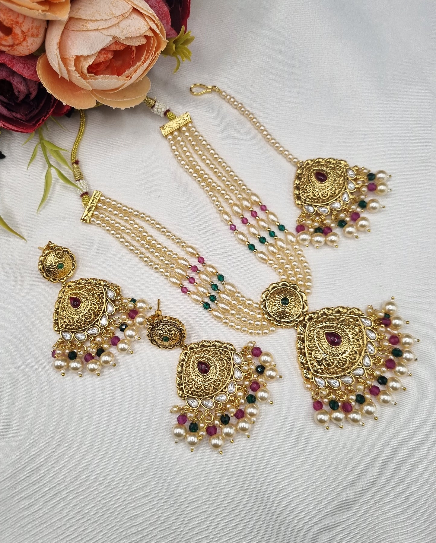 Antique Multi-Strand Pearl Necklace Set with Maangtikka & Earrings