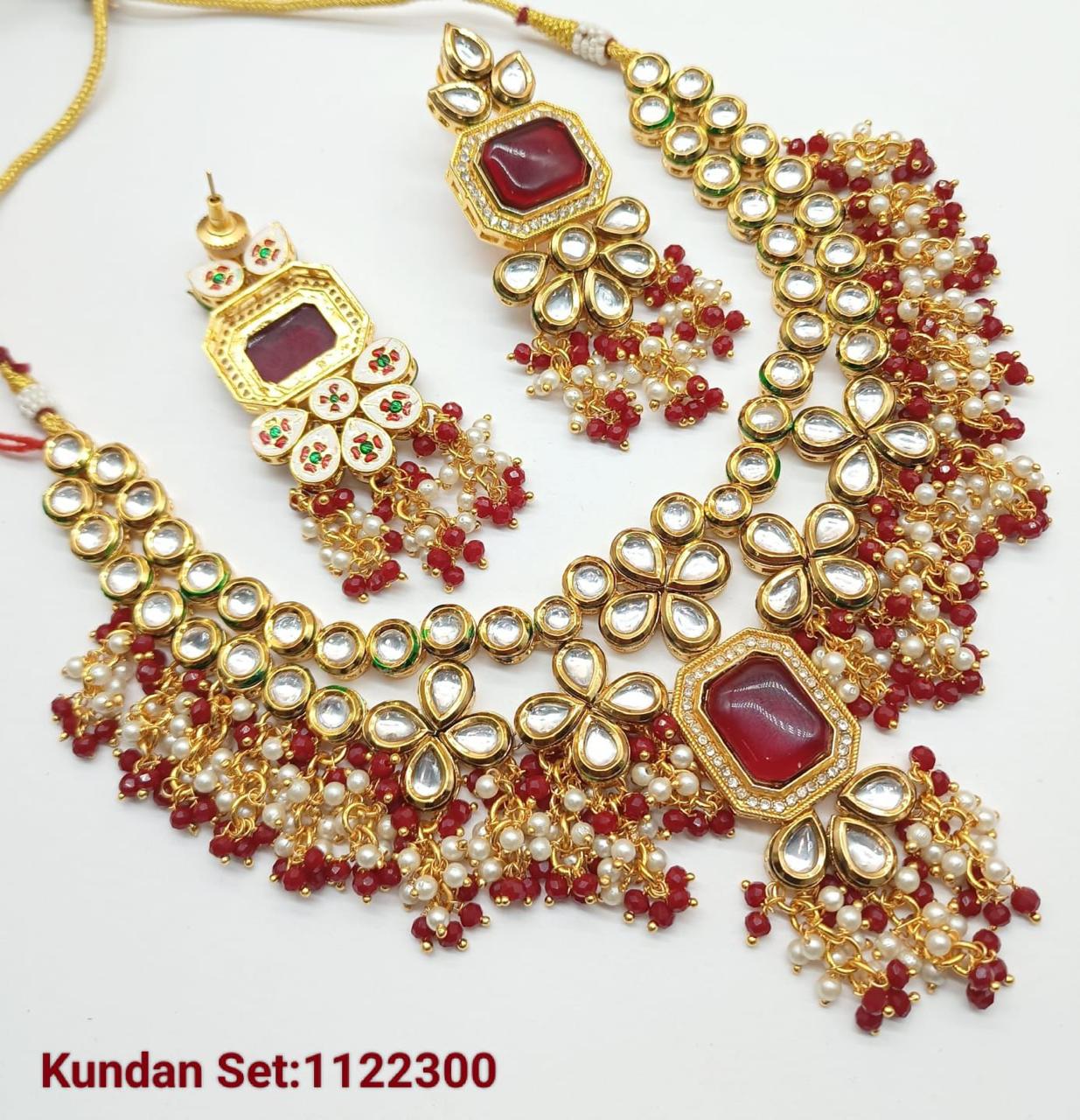 Kundan Choker Necklace Set with Ruby Red Accents & Pearl Droplets