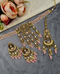 Antique Gold Kundan Choker Set with Earrings & Maang Tikka