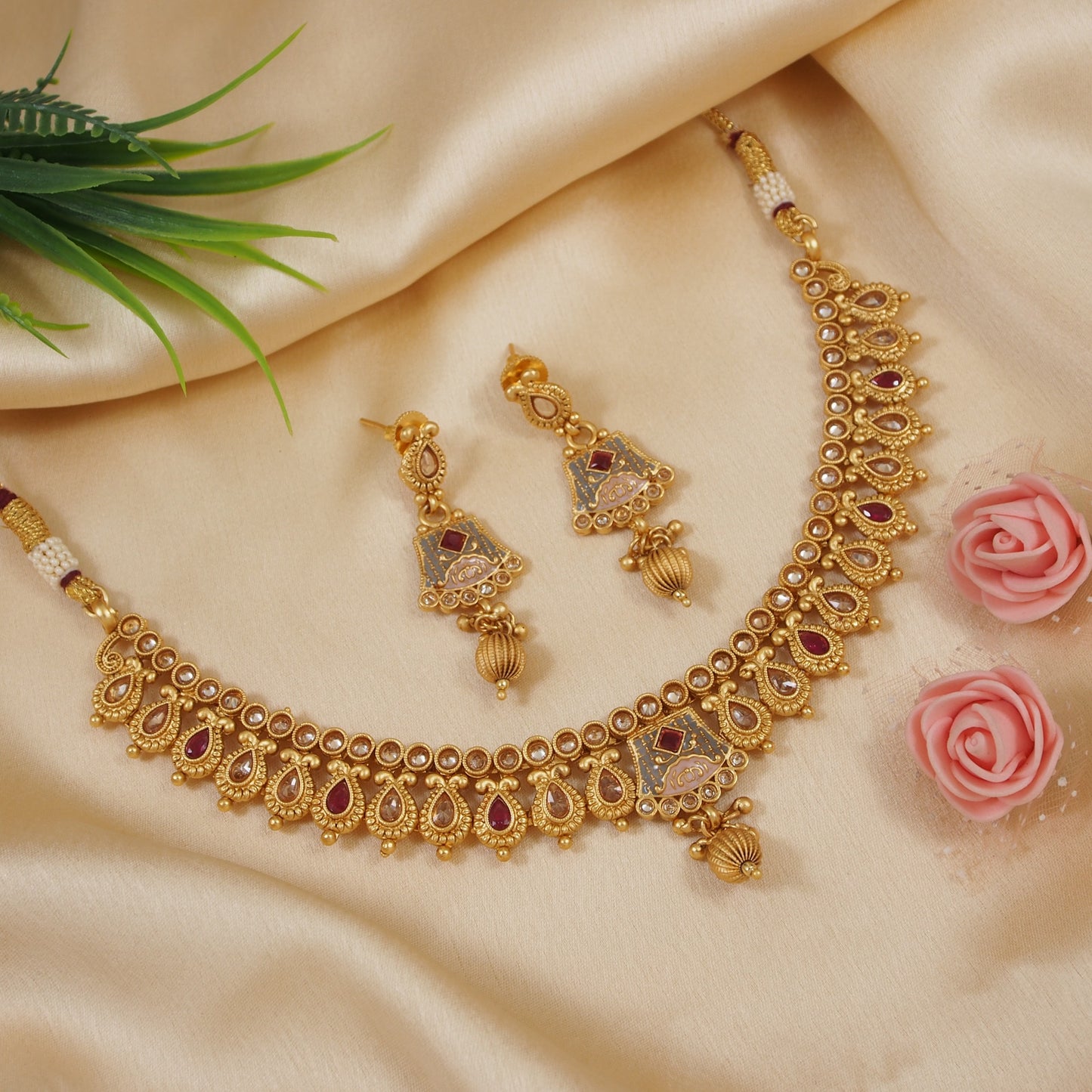 Grey & Pink Meenakari Copper Necklace Set