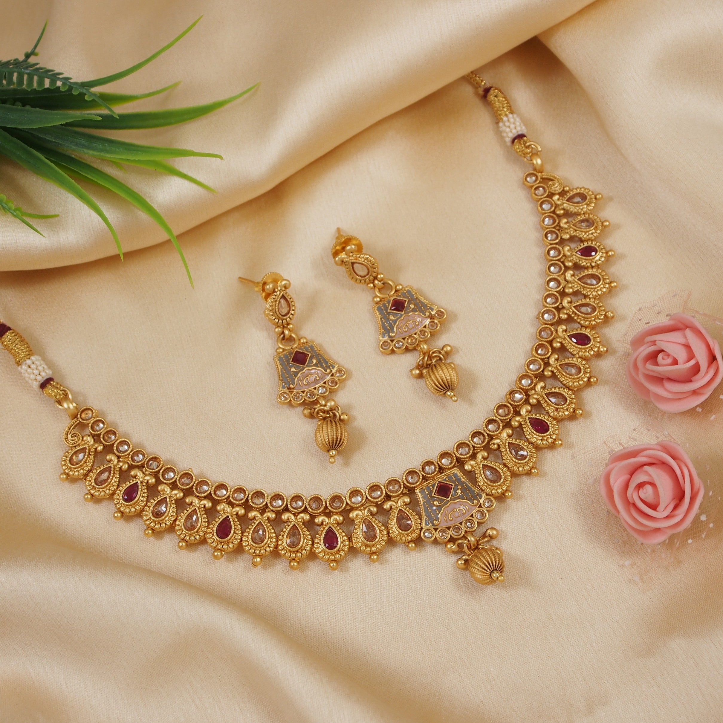 Grey & Pink Meenakari Copper Necklace Set