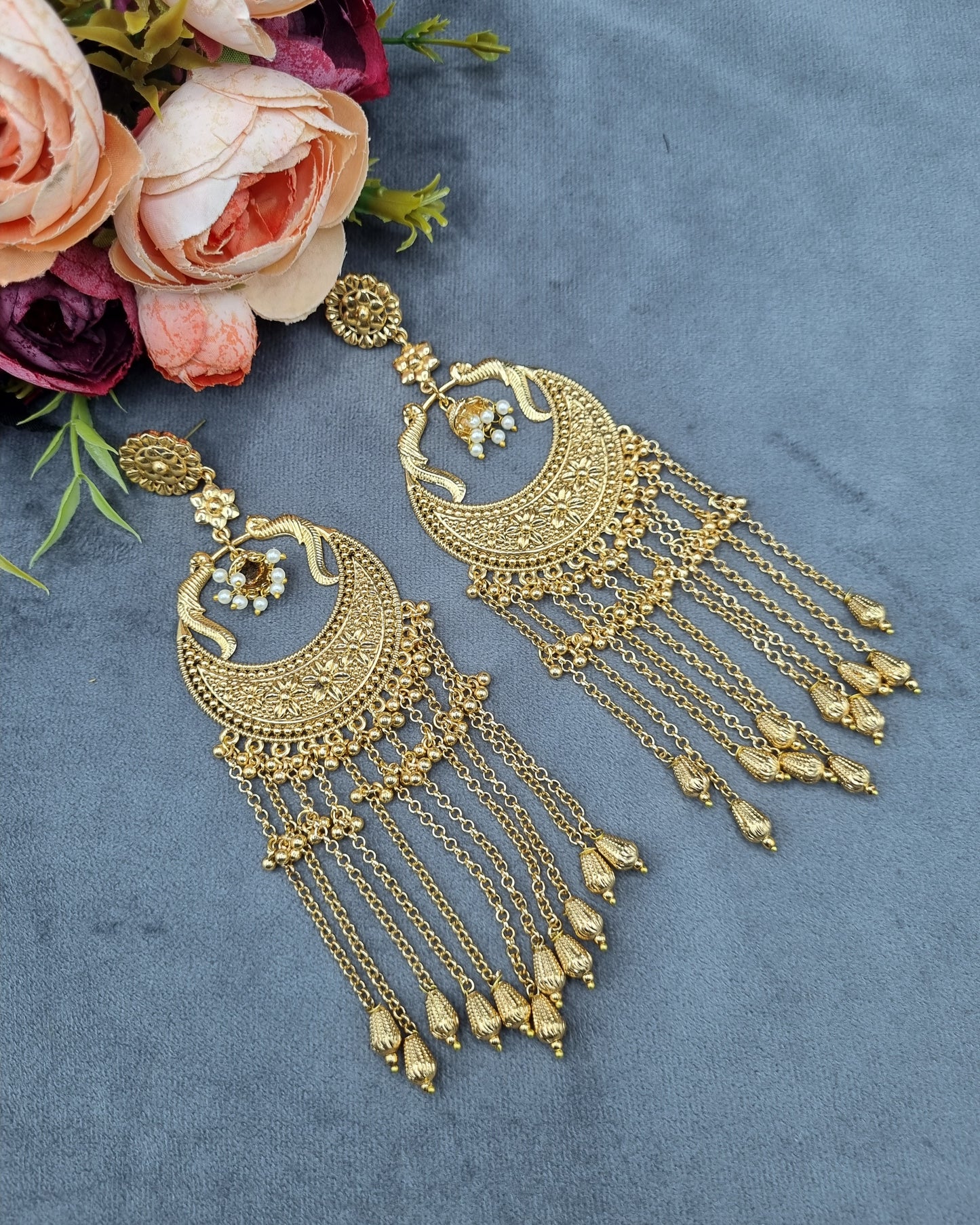 Peacock Motif Chandbali Earrings with Tassel Chains