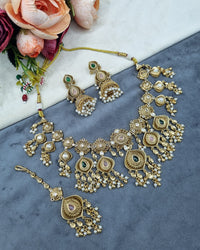 Antique Gold Floral Necklace Set with Jhumka Earrings & Maangtikka