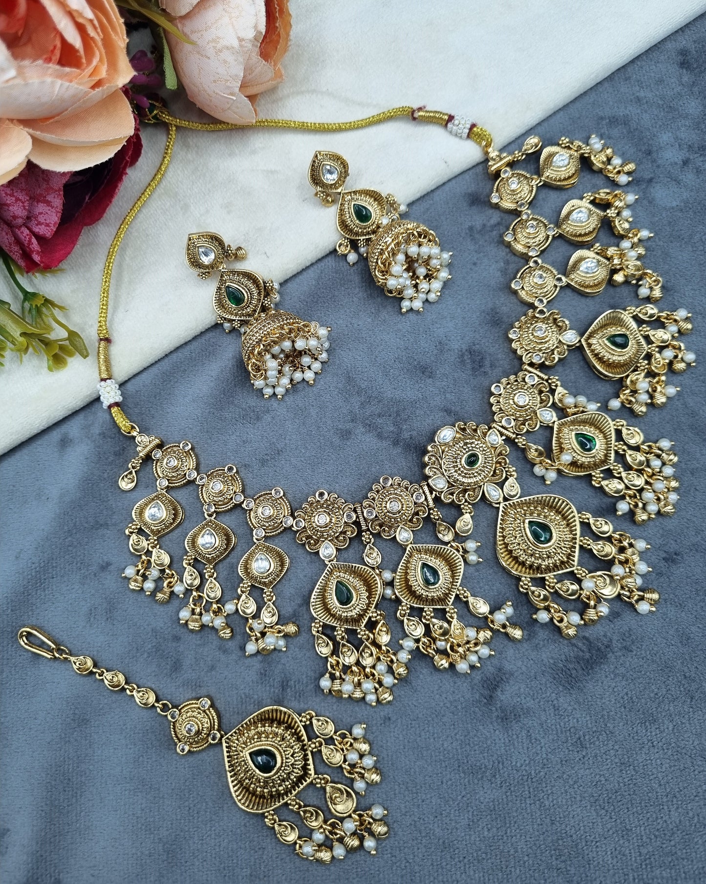 Antique Gold Floral Necklace Set with Jhumka Earrings & Maangtikka