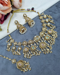 Antique Gold Floral Necklace Set with Jhumka Earrings & Maangtikka