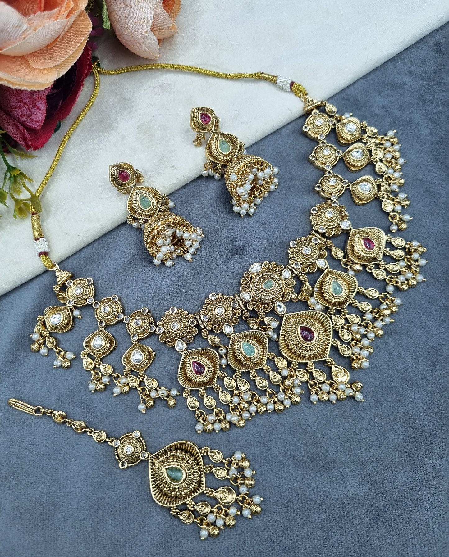 Antique Gold Floral Necklace Set with Jhumka Earrings & Maangtikka